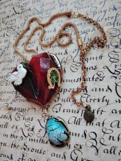Anatomical Heart Necklace, Four Leaf Clover, Horseshoe & Dove Statement Jewelry Good Luck Charm Pendant