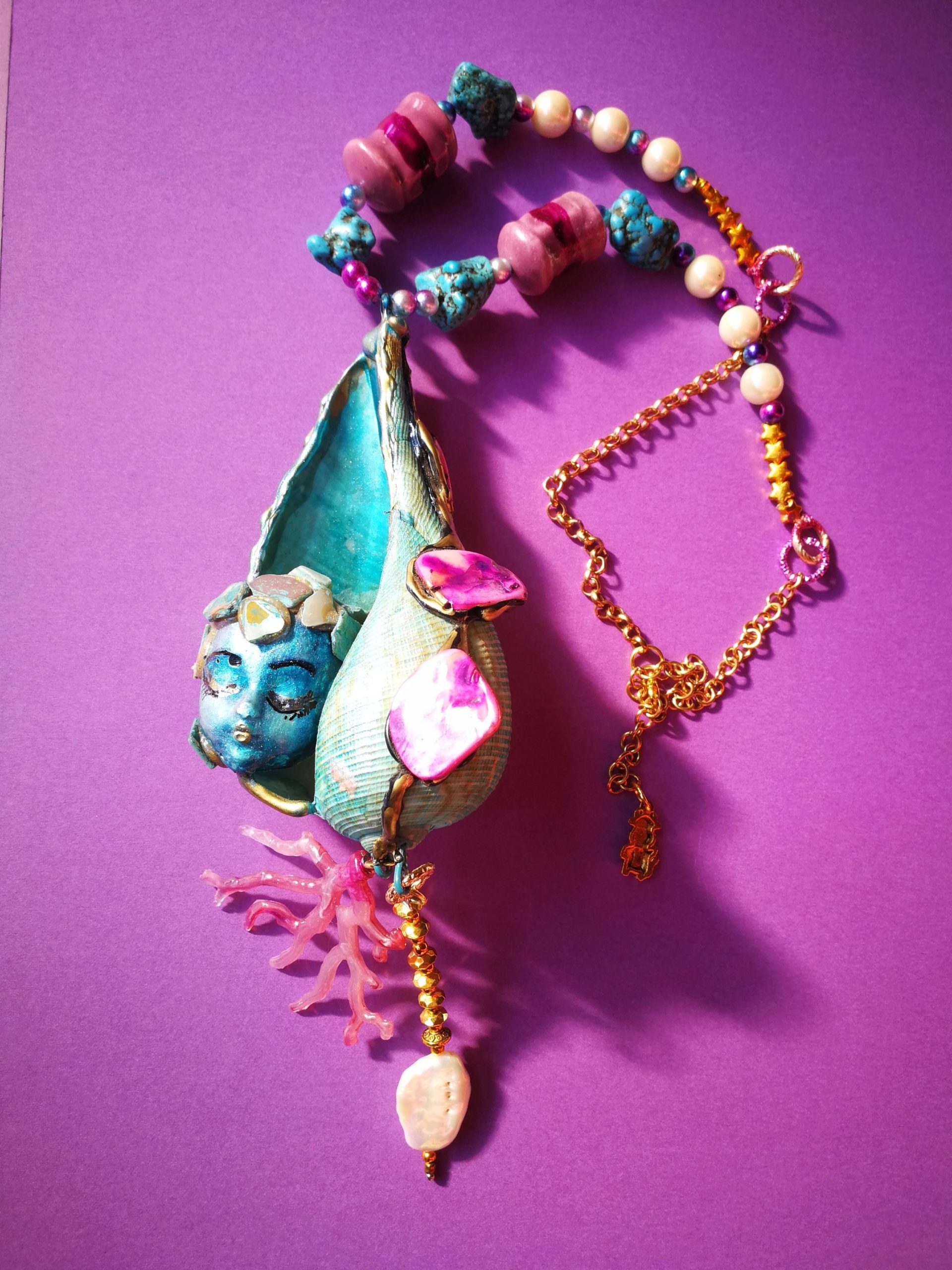 Turquoise Necklace, Puka Shell Stone Luxury Jewelry, Nautilus Pendant Seashell Natural Sea Conch & Cowrie