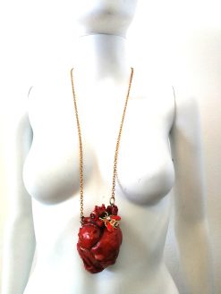 Anatomical Heart Red Necklace, Bee Nest Pendant Lucky Charm, Sculptural Statement Jewelry Choker Chain