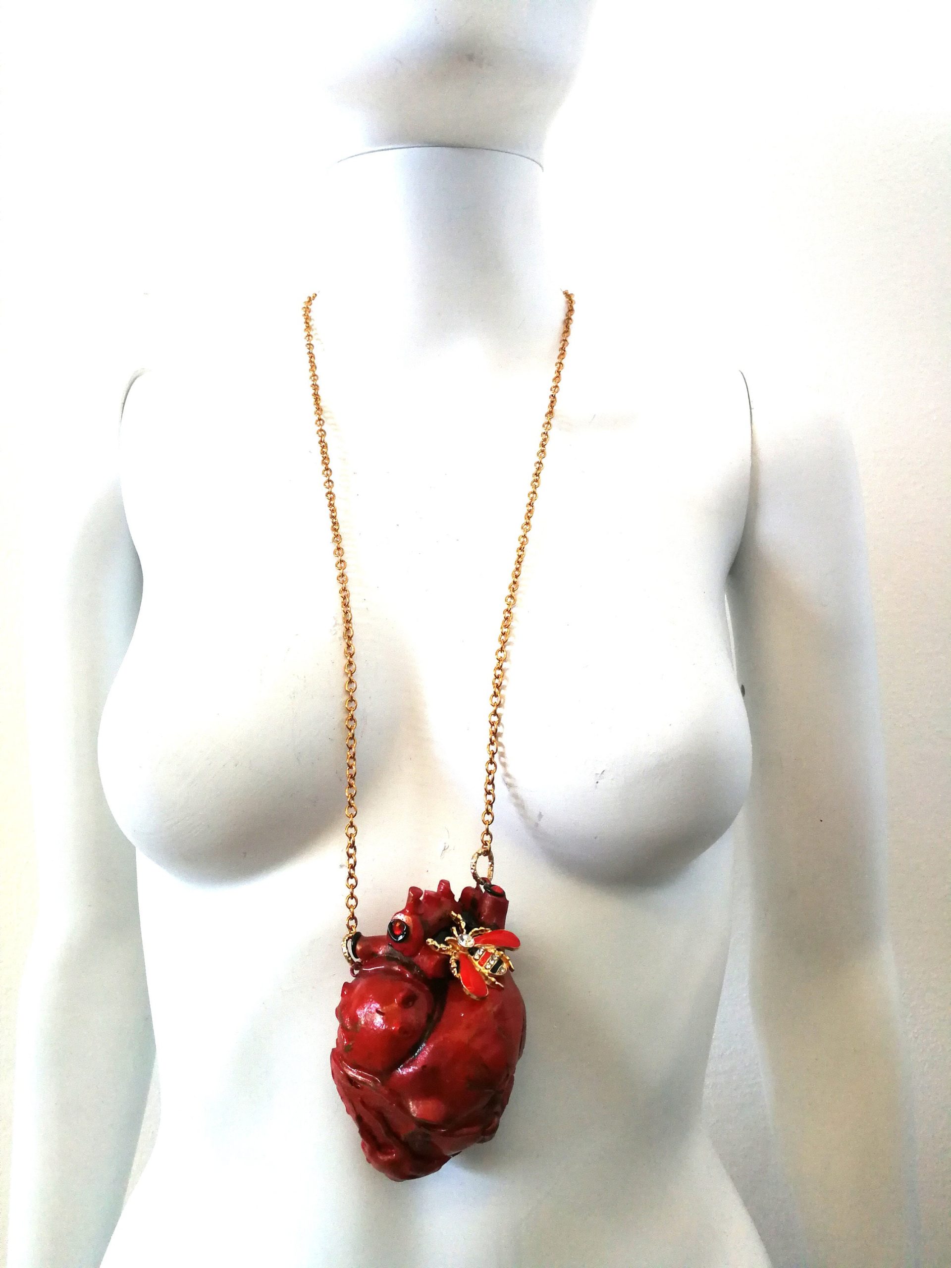Anatomical Heart Red Necklace, Bee Nest Pendant Lucky Charm, Sculptural Statement Jewelry Choker Chain