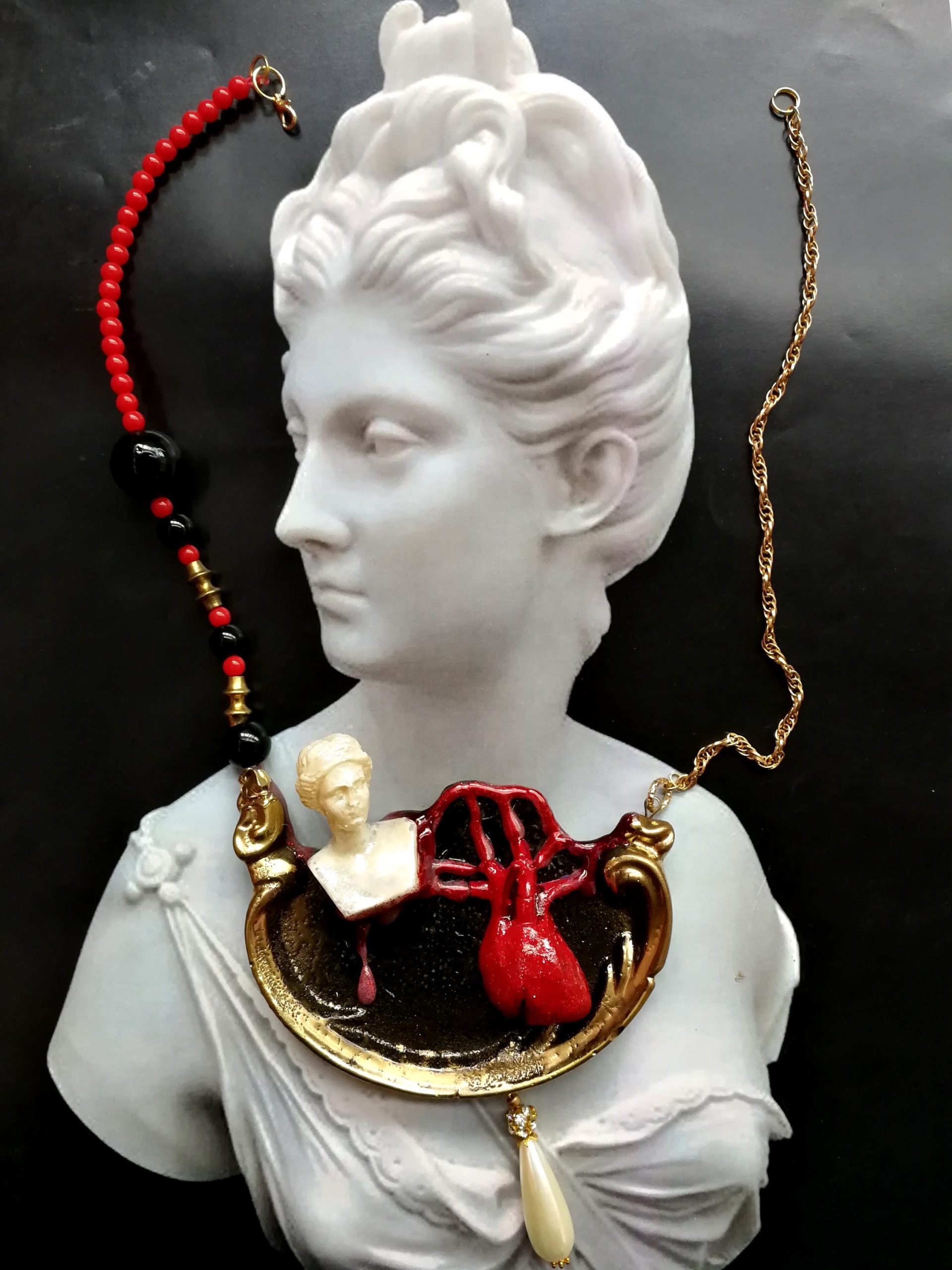 Brutalist Heart Pendant Necklace, Antique Statue, Pearl Jewelry
