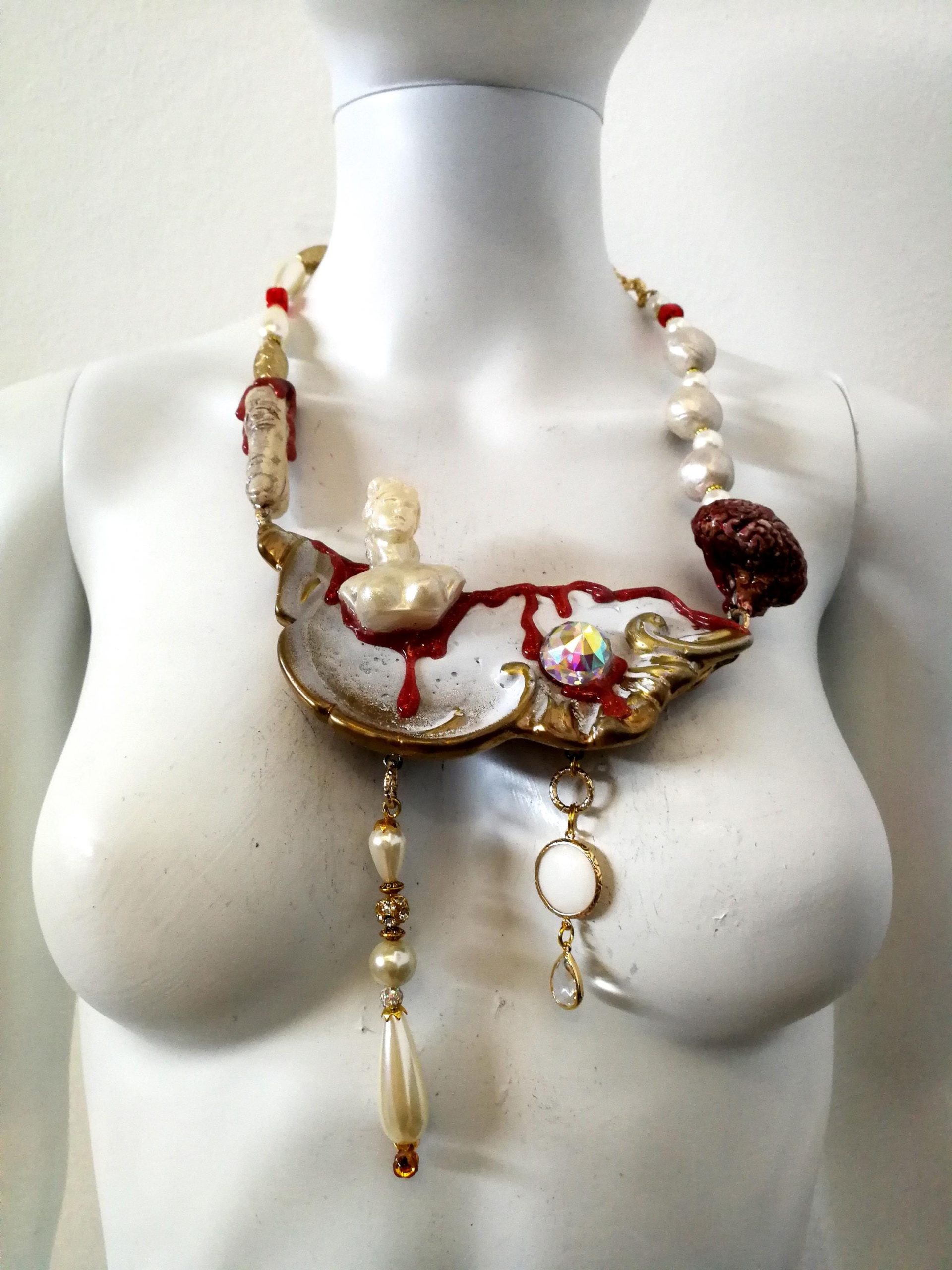 Brutalist Bib Necklace, Asymmetrical Statue, Brain Charm, Handmade Couture