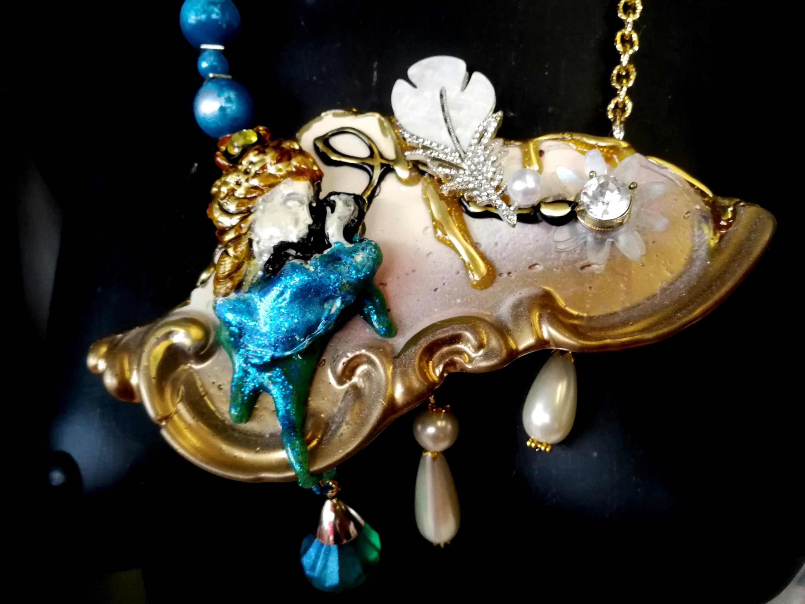 Brutalist Art Deco Bib Necklace, Doll Charm, Pearl Stone Pendant