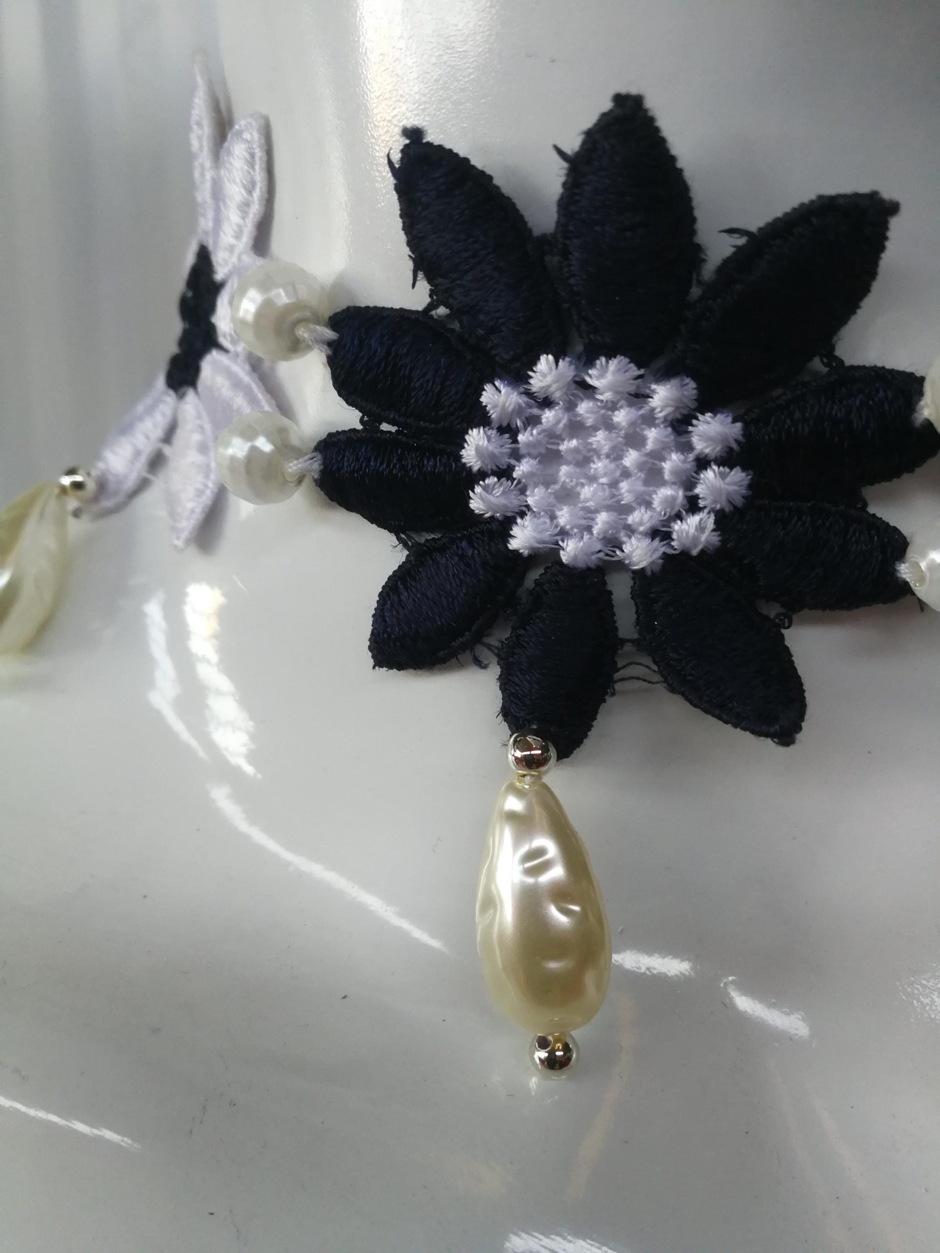 Bride Jewelry Set, Macrame Earrings Choker Embroidered, Pearl Wedding Accessories, Crochet Lace Flower Necklace
