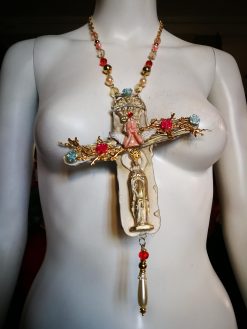 Baroque Virgin Mary Cross Pendant, Rococo Cherubim Bib Necklace