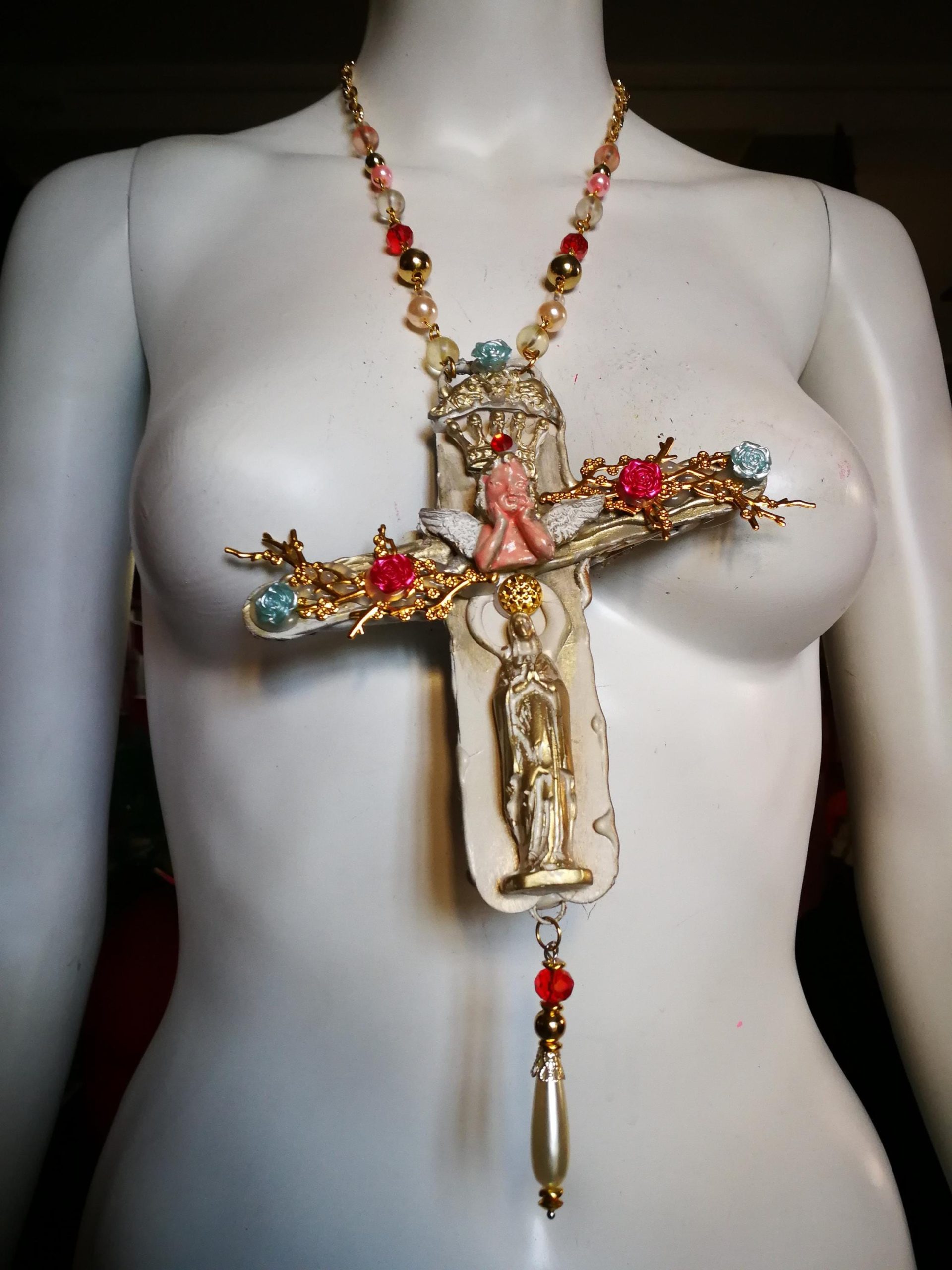 Baroque Virgin Mary Cross Pendant, Rococo Cherubim Bib Necklace