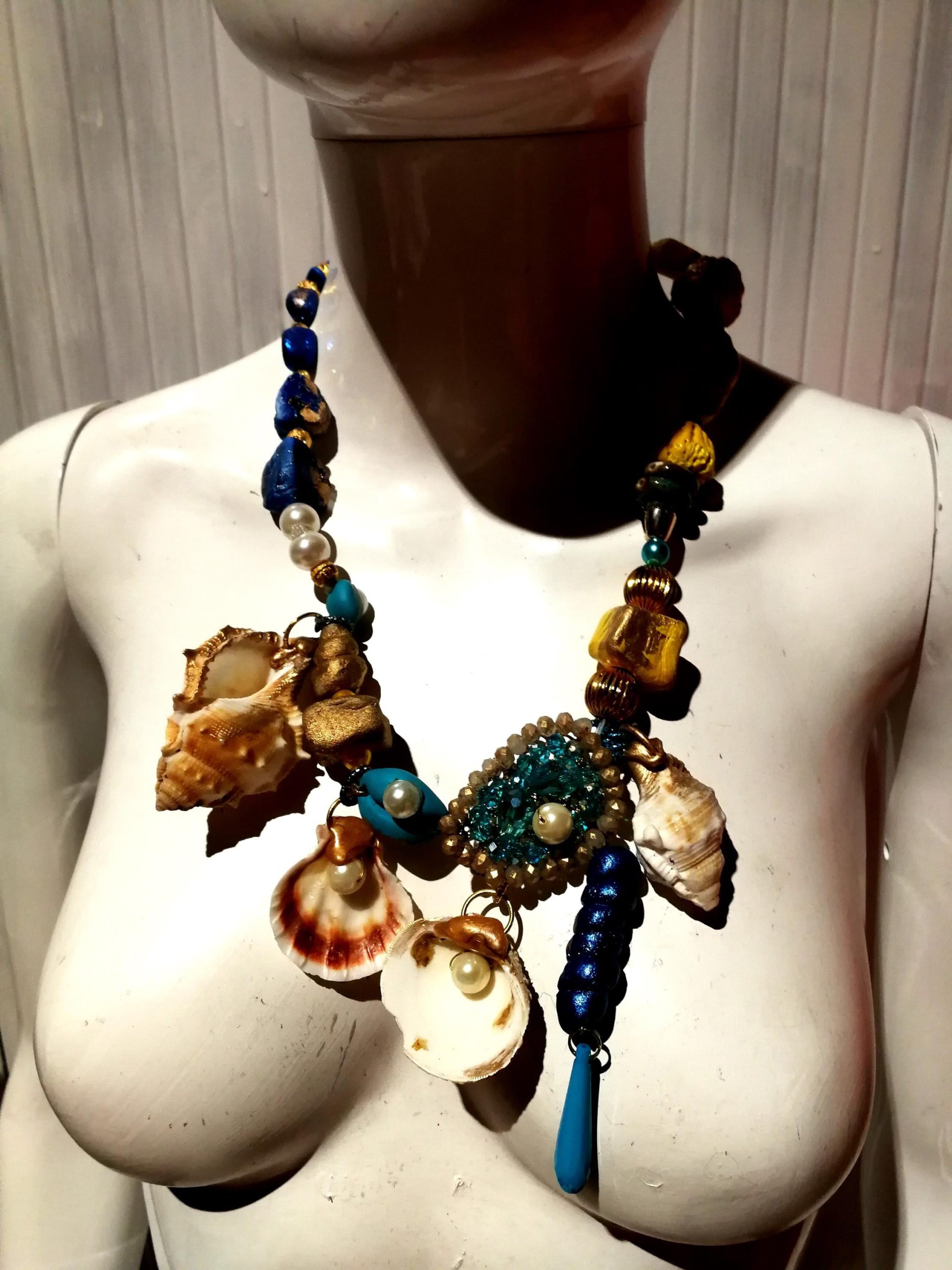 Puka Shell Necklace, Maximalist Design Luxury Statement Charm, Natural Seashell Conch Abalone & Ceramic Jewelry