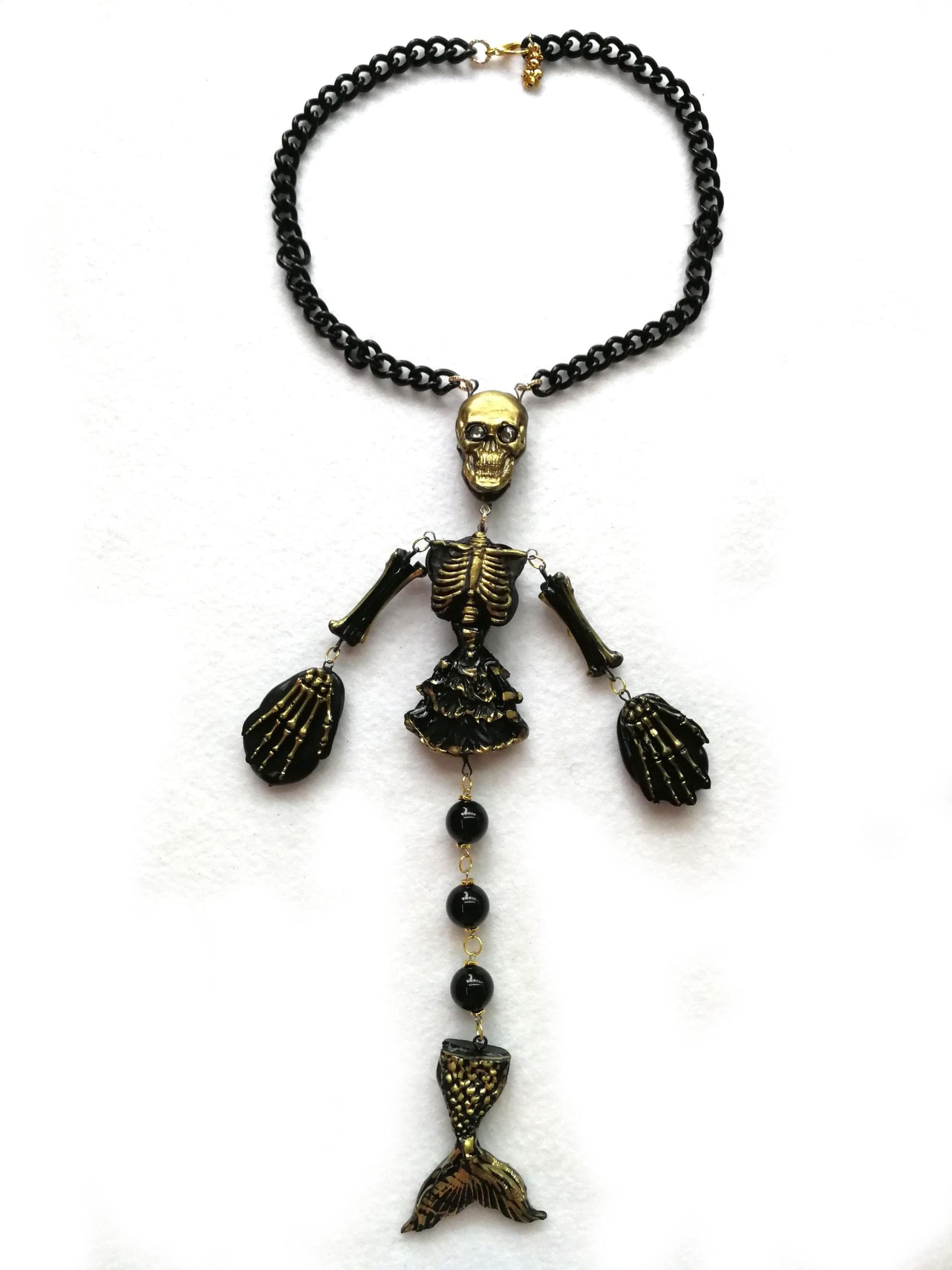 Macabre Jewelry Dark Necklace, Skull Skeleton Pendant, Gothic Punk Jewellery, Creepy Hauted Siren Mermaid