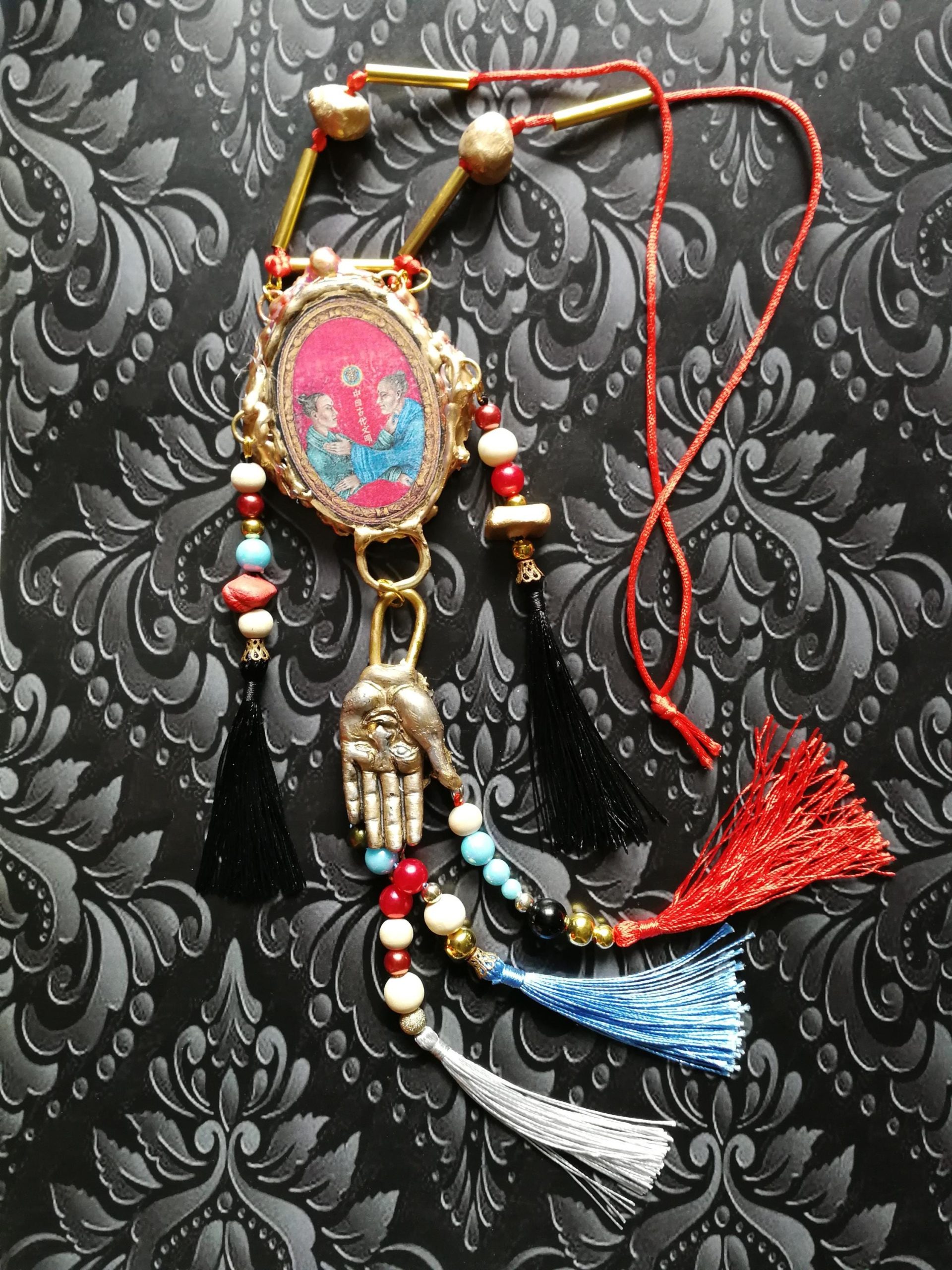 Buddha Jewelry, Statement Necklace Chunky Tribal Beaded Choker, Buddhist Pendant & Dragon Eye Sculptural Luxury