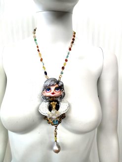 Art Deco Pendant - Statement Necklace Luxury Sculpted Doll, Natural Pearl Vintage Gemstone Couture Jewelry