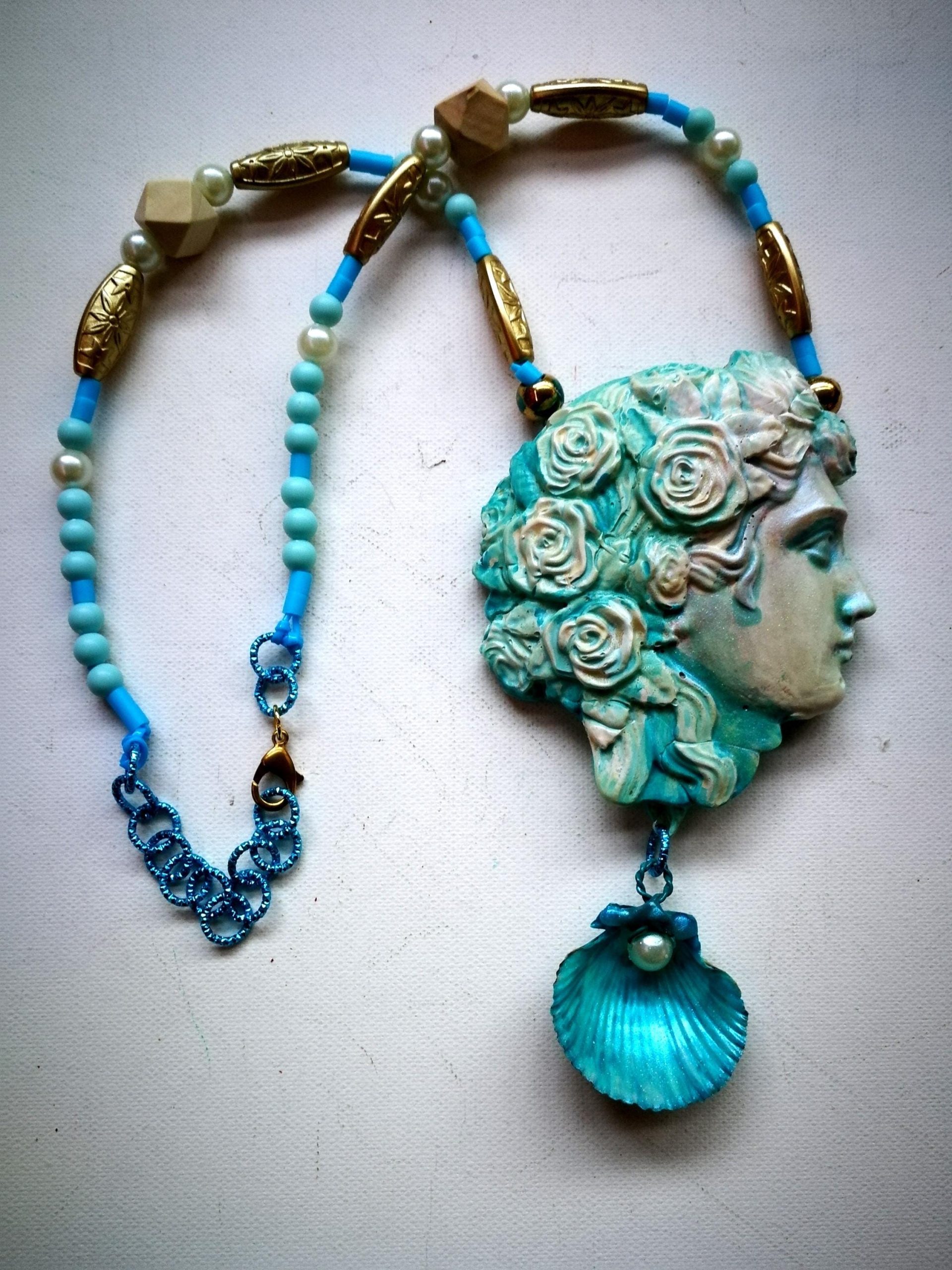 Greek Jewelry, Antique Mythology God Goddess Statue Sculpture Pendant, Big Bold Chunky Necklace Shell