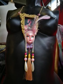 Pink Flamingo Jewelry, Exotic Bird Pendant, Doll Head Sculpture, Baroque Charm Necklace Feather & Tassel