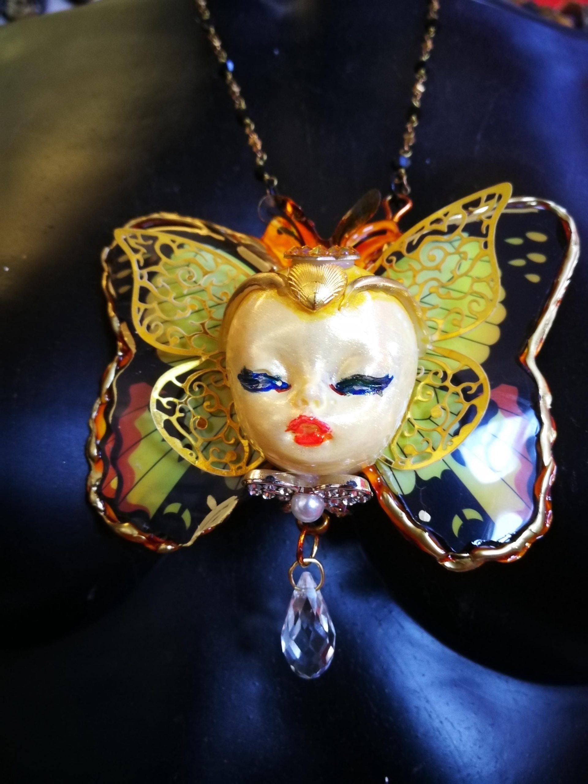 Butterfly Necklace, Doll Head Pendant Statement Jewelry, Sculptural Liberty Belle Epoque Golden Age Charm