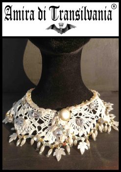 Wednesday Addams Macrame Collar Choker, Embroidered Lace Bib, Crystals & Pearls