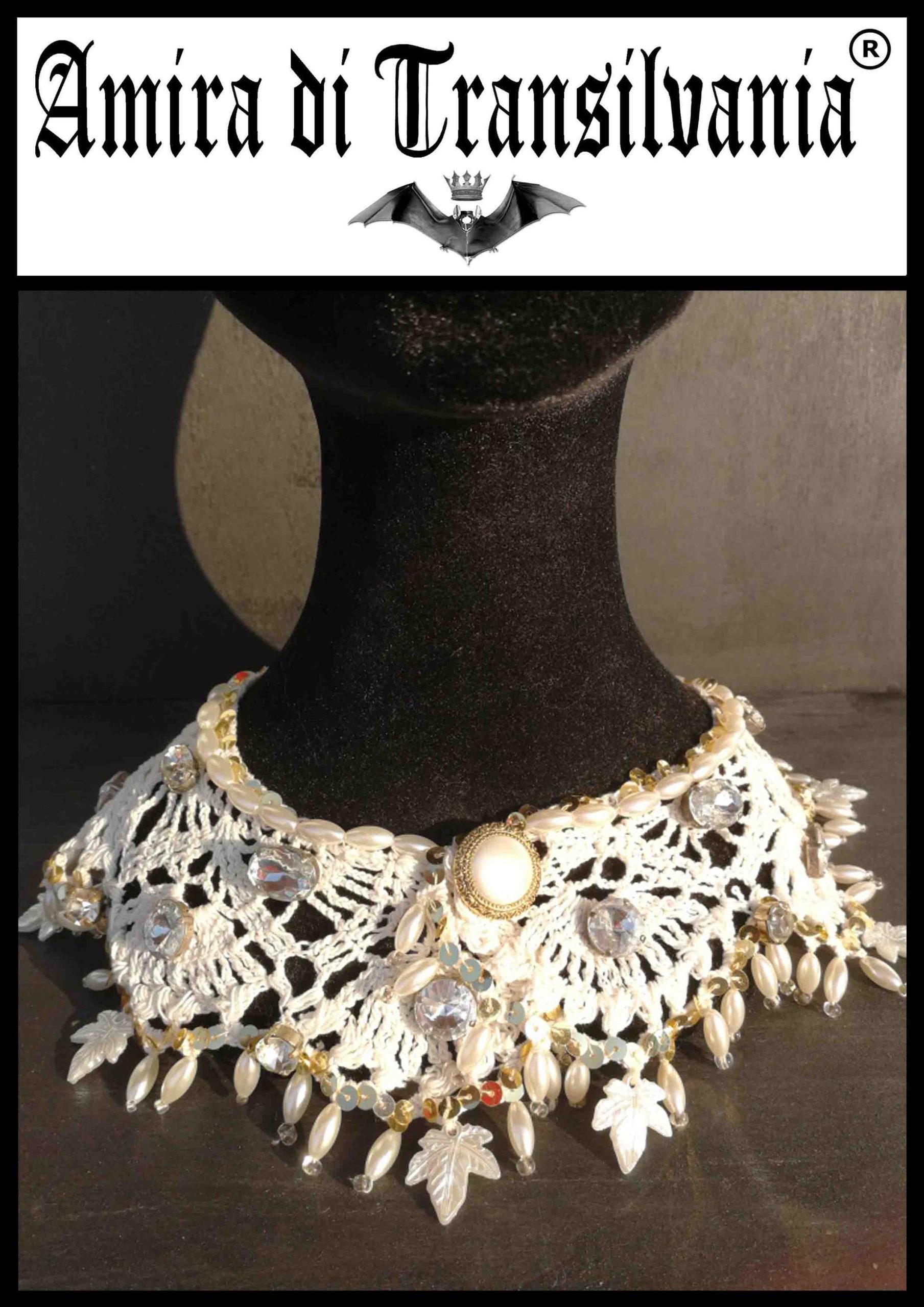 Wednesday Addams Macrame Collar Choker, Embroidered Lace Bib, Crystals & Pearls