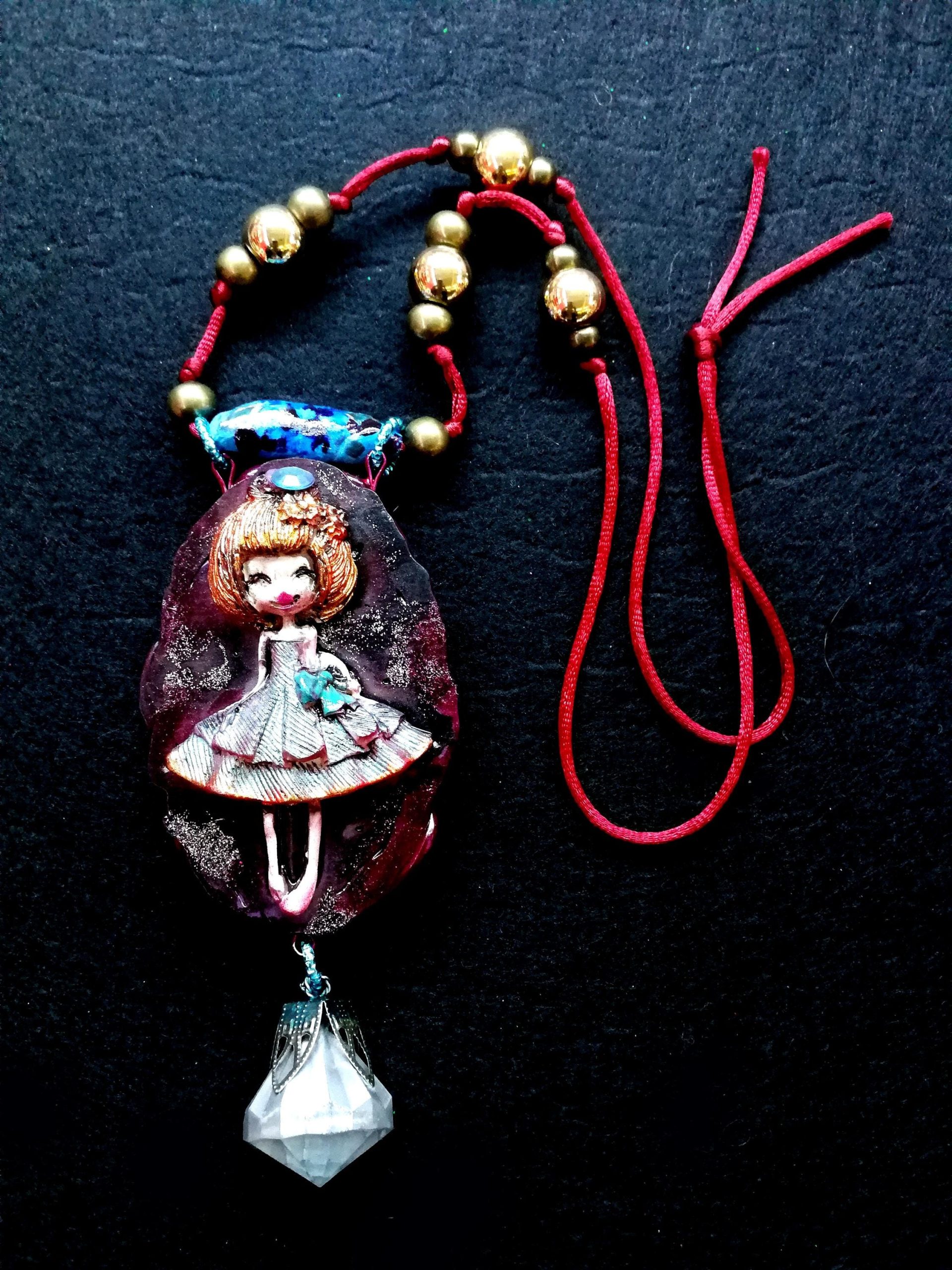 Polymer Clay Doll Pendant, Handmade Fantasy Beaded Necklace, Dolly Doom Collection OOAK Sculpture Necklace
