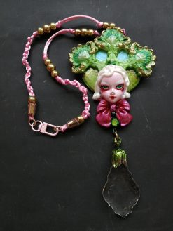 Statement Jewelry, Belle Epoque Sculpture Pendant, Four Leaf Clover Necklace Bib, Flower Crystal Charm