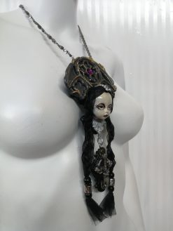 Gothic Necklace, Doll Head Sculpture Pendant, Wednesday Addams Goth Jewel Charm, Fairy Tale Jewelry