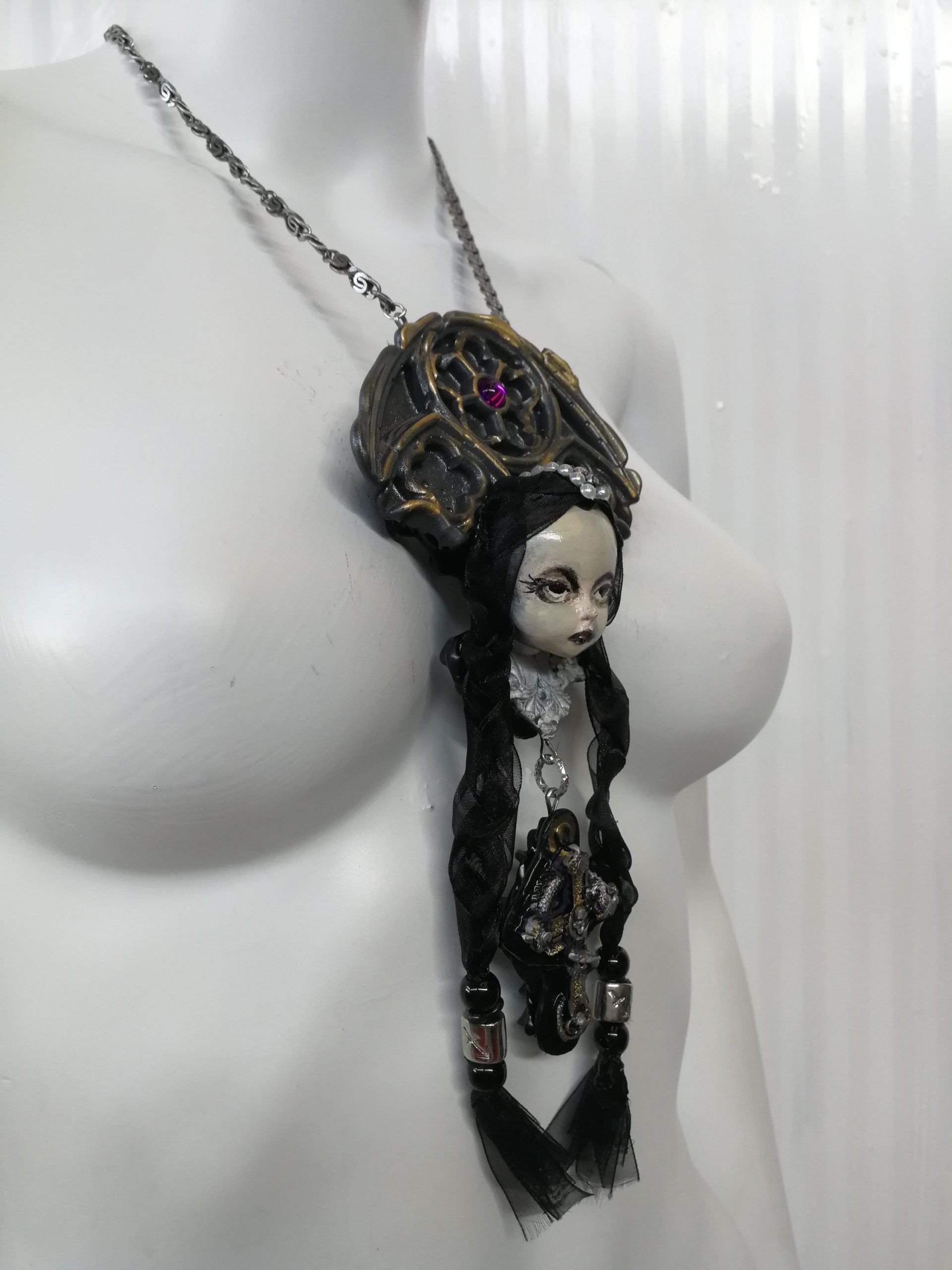 Gothic Necklace, Doll Head Sculpture Pendant, Wednesday Addams Goth Jewel Charm, Fairy Tale Jewelry