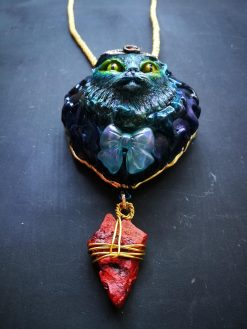 Cat Jewelry Necklace, 3D Sculptural Heart, Elegant Statement Stone Charm Animal Crown Maximalist Pendant