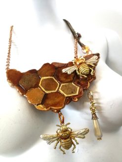 Statement Jewelry, Queen Bee Necklace Luxury Gold Bumble Honey Insect Pendant Sculptural Gemstone Charm