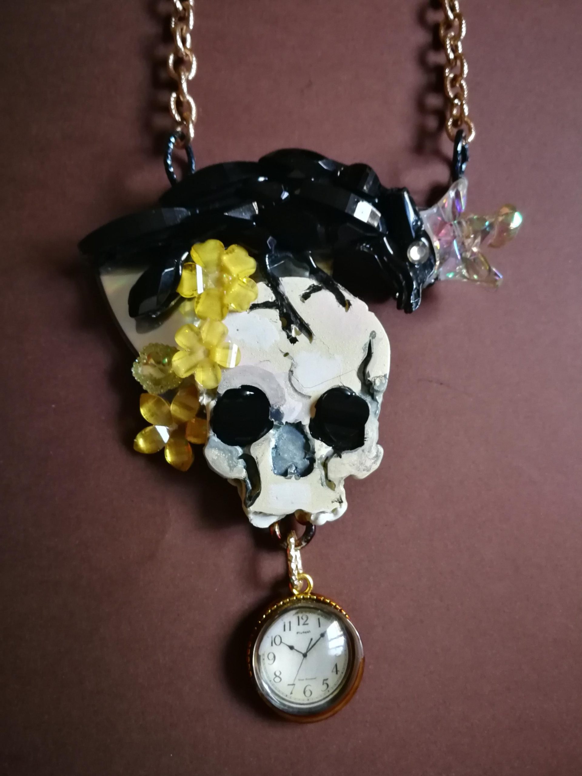 Victorian Gothic Jewelry, Baroque Statement Pendant Memento Mori, Skull Crowned Crow Black Raven Necklace