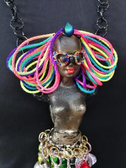 African American Doll Statement Necklace, Chunky Bold Sculpture Jewelry, Tassel Pendant Chain & Beaded Charm