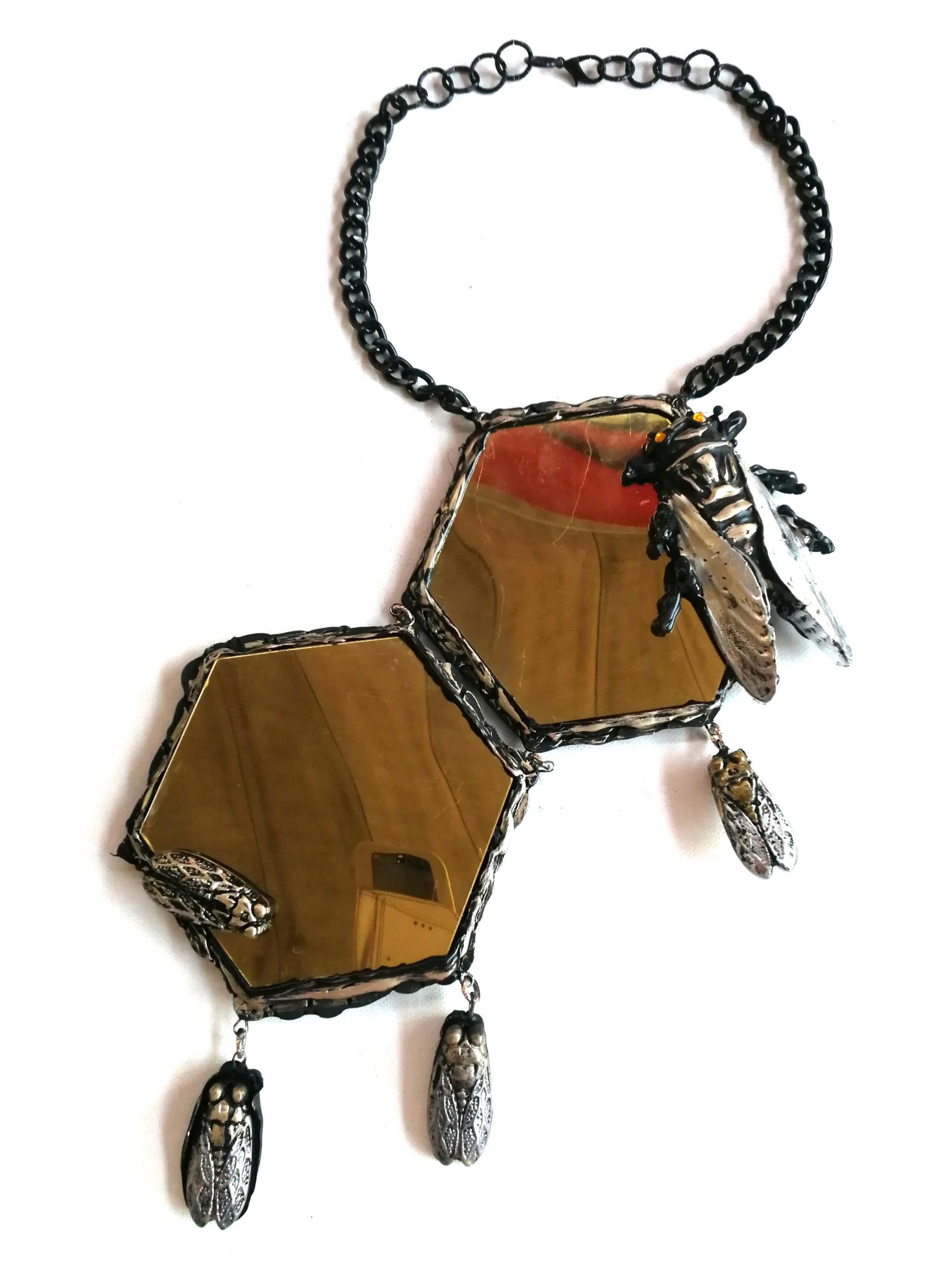 Queen Bee Necklace, Gold Bumble Honey Nest Pendant, Insect Charm Hexagon Beaded Vermeil Mirror