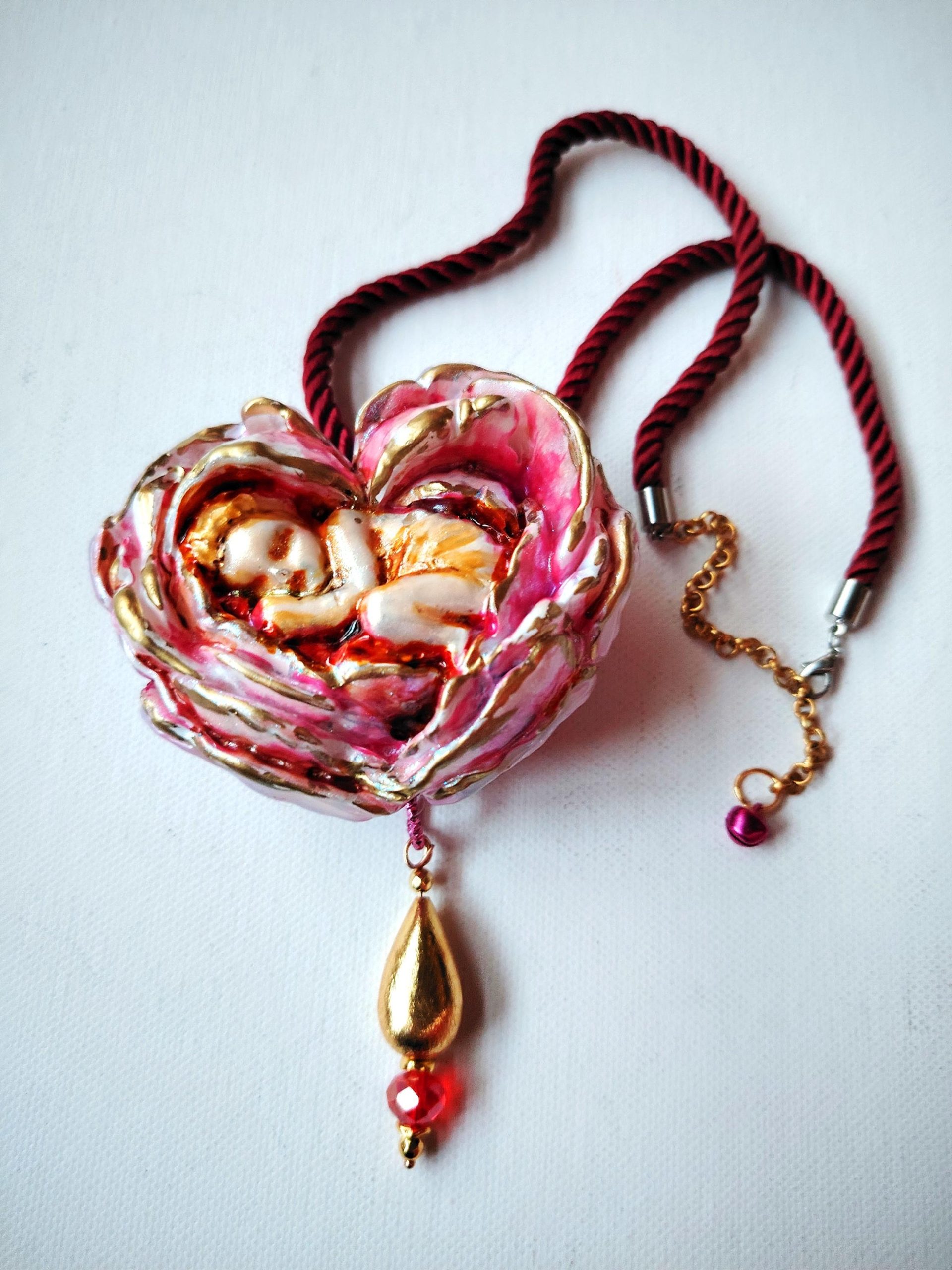 Art Nouveau Necklace, Peony Flowers Heart Pendant, Doll Child Baby Newborn Slepping, Jewelry Charms