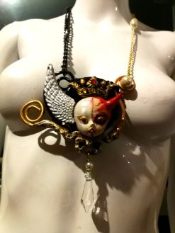 Angel and Demon Pendant, Vintage Doll Necklace, Devil Horn Jewelry, Winged Cherub Beaded Charm