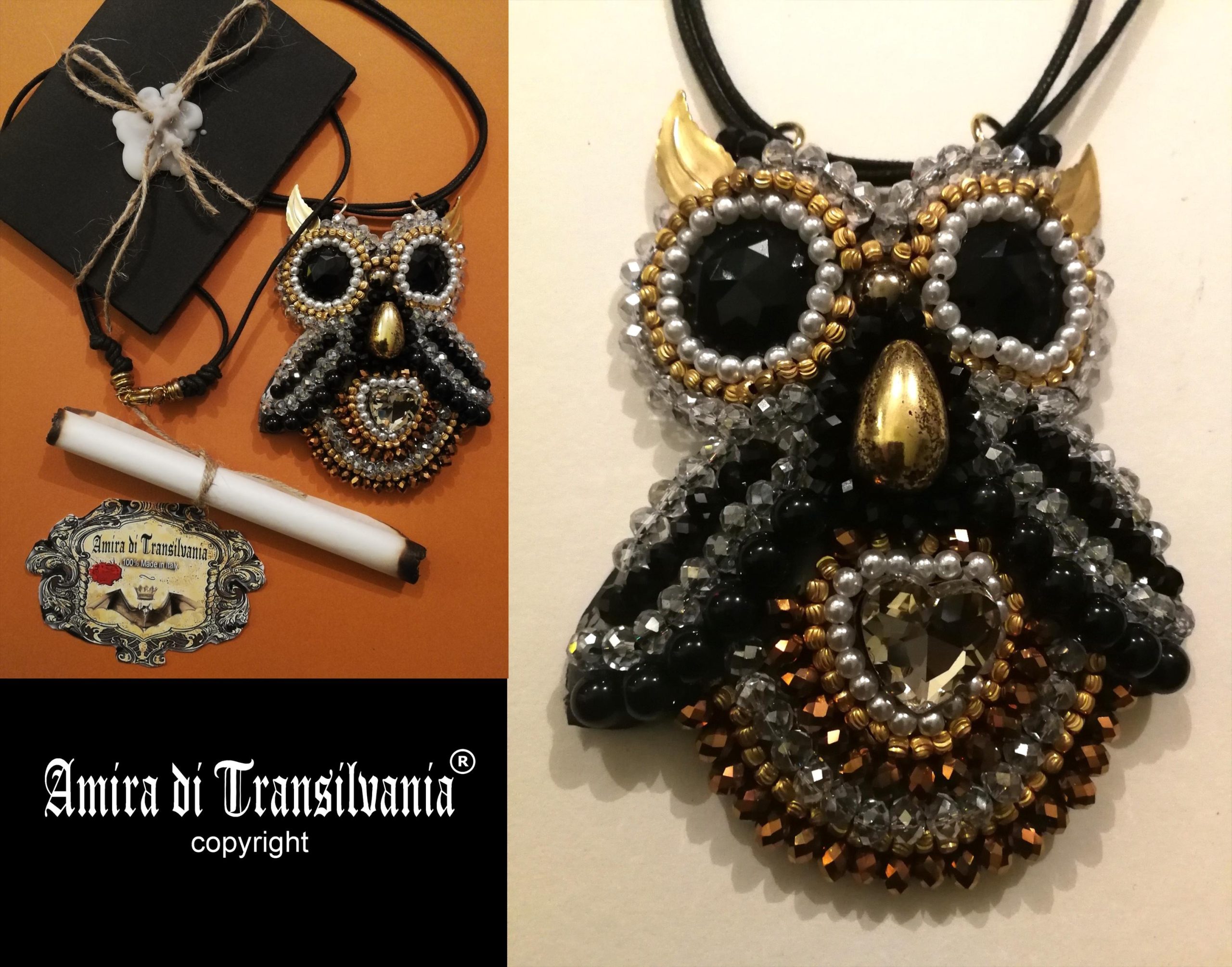 Owl Pendant, Statement Jewelry Nocturnal Bird Gothic Necklace, Embroidered Pendant Beaded Pearl Crystal Charm