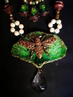 Fine Jewelry, Fan Leaf Bold Necklace, Chunky Pendant Art Nouveau Nature Pearl Crystal Charm