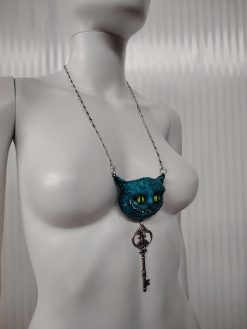 Cheshire Cat, Alice in Wonderland Sculpture Jewelry Necklace, Key Padlock Pendant Charm Fairy Tale