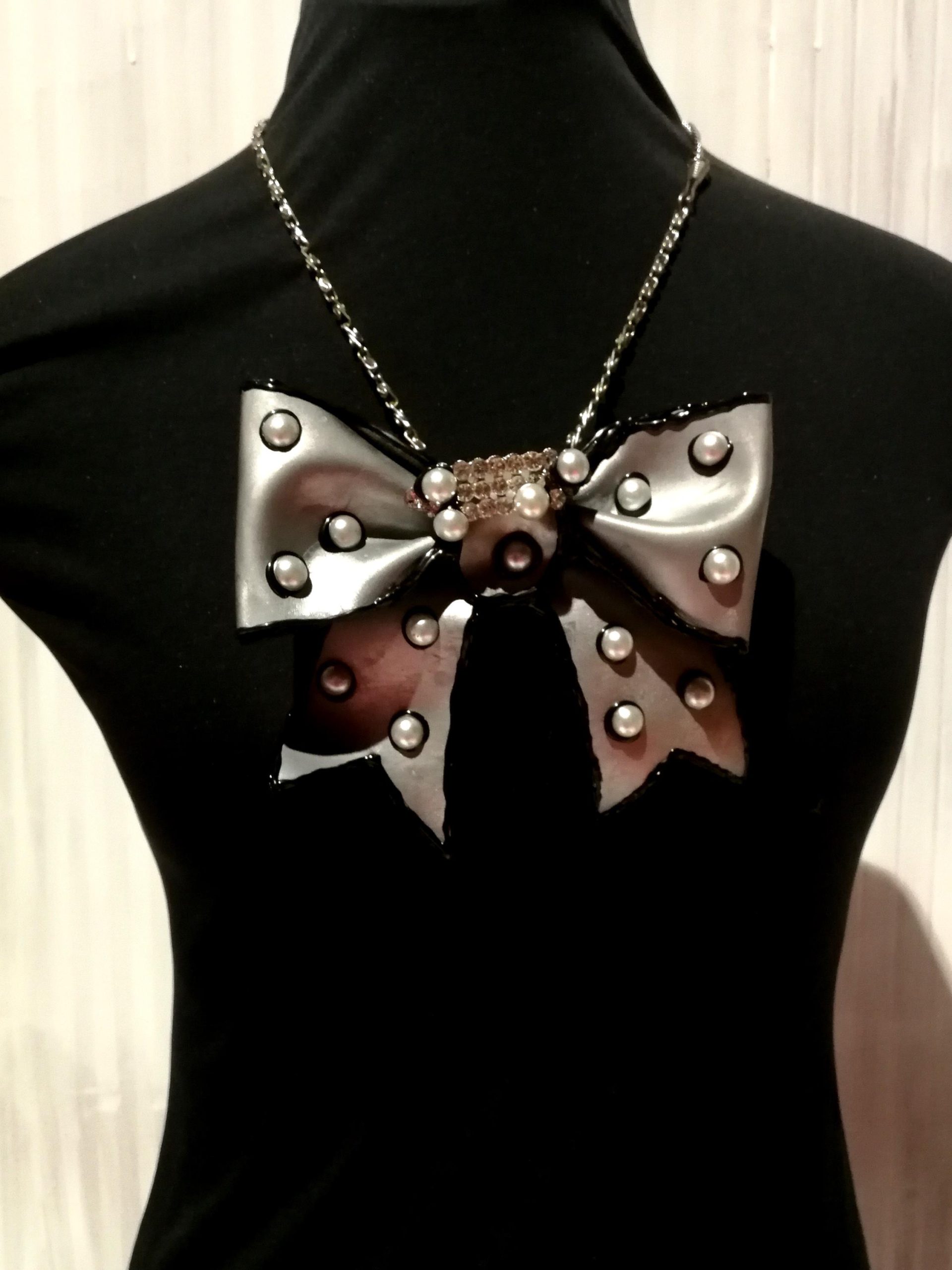 Big Bow Silver Pendant Necklace, Pearl Choker, Handmade Italian Couture