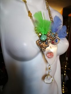 Lady Face Necklace, Belle Epoque Charleston Gasby Pendant Chunky Portrait, Amazzonite & Shell Jewelry Charm