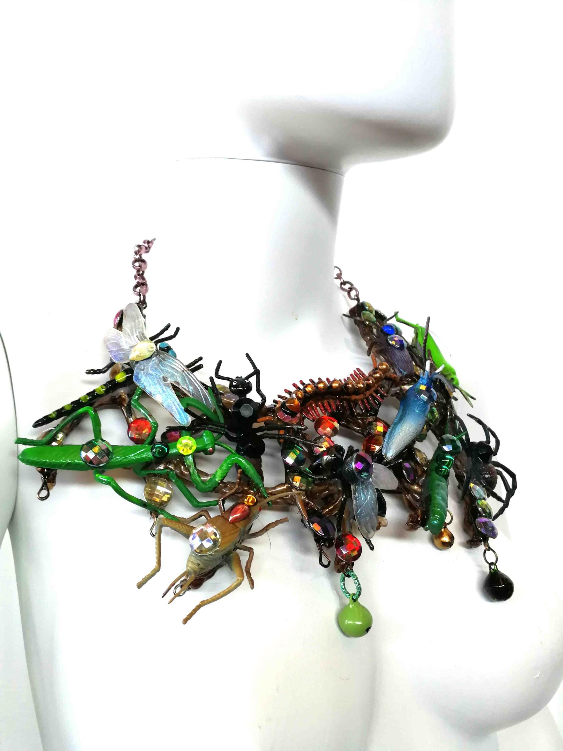 Chunky Insect Necklace, Brutalist Fly Bee Dragonfly Collar Bib