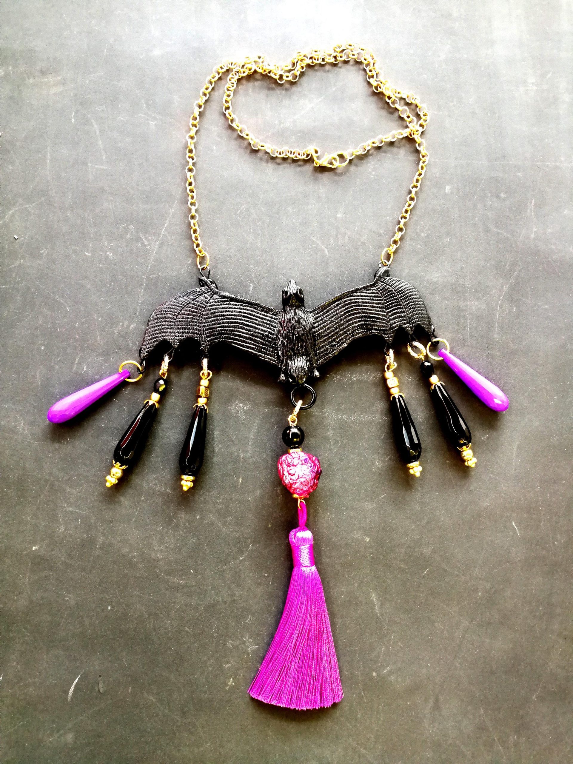 Bat Vampire Jewelry Dark Necklace, Beaded Tassel Pendant Chain, Gothic Punk Rock Jewel Charm