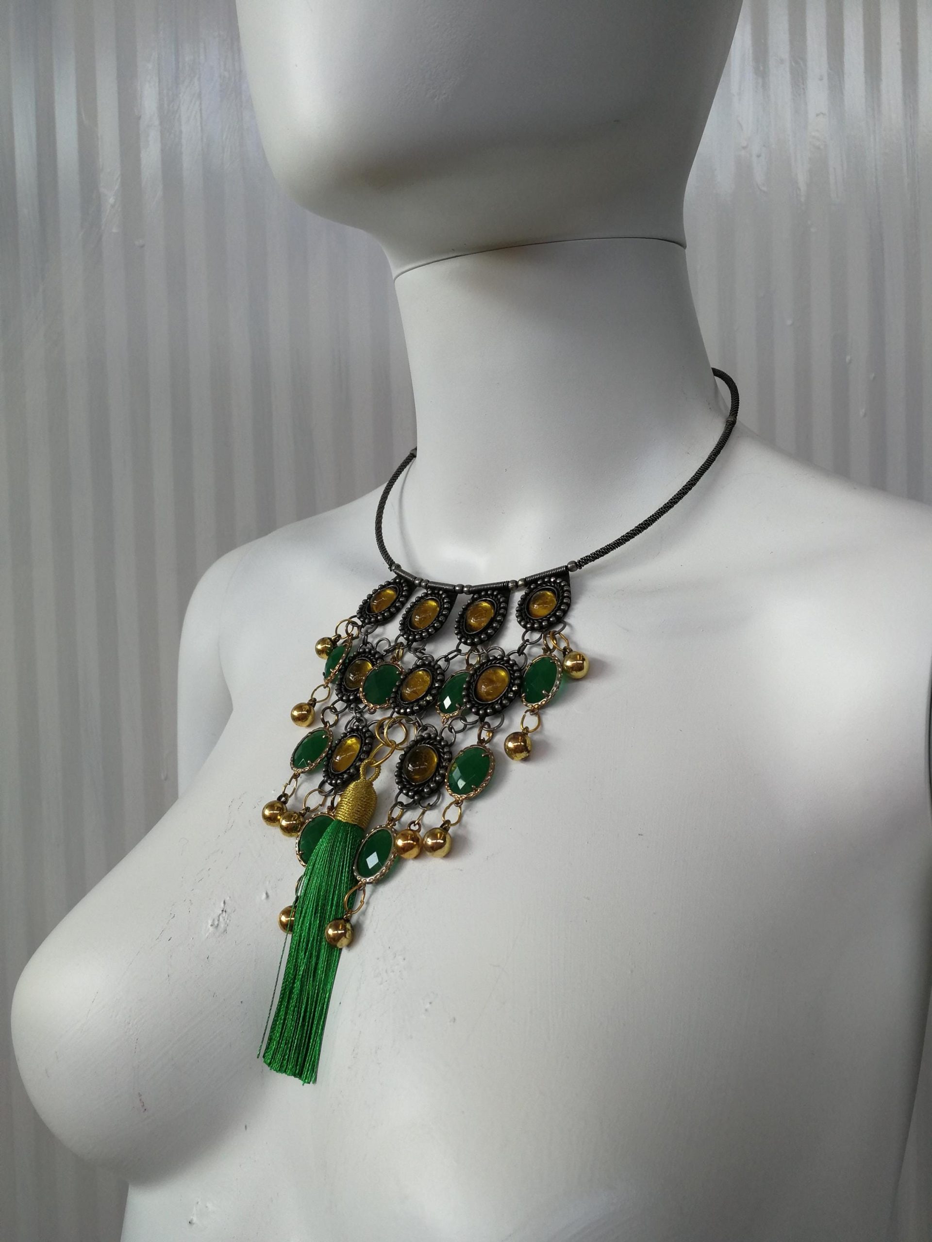 Kelly Green Necklace Crystal Bib Emerald Green Statement Layered Collar Jewelry Luxury Tassel Choker