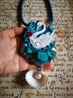 Swan Necklace, Statement Charm Pendant, Seashell Fine Jewelry Sculpture Luxury Turquoise Pearl & Raw Stone