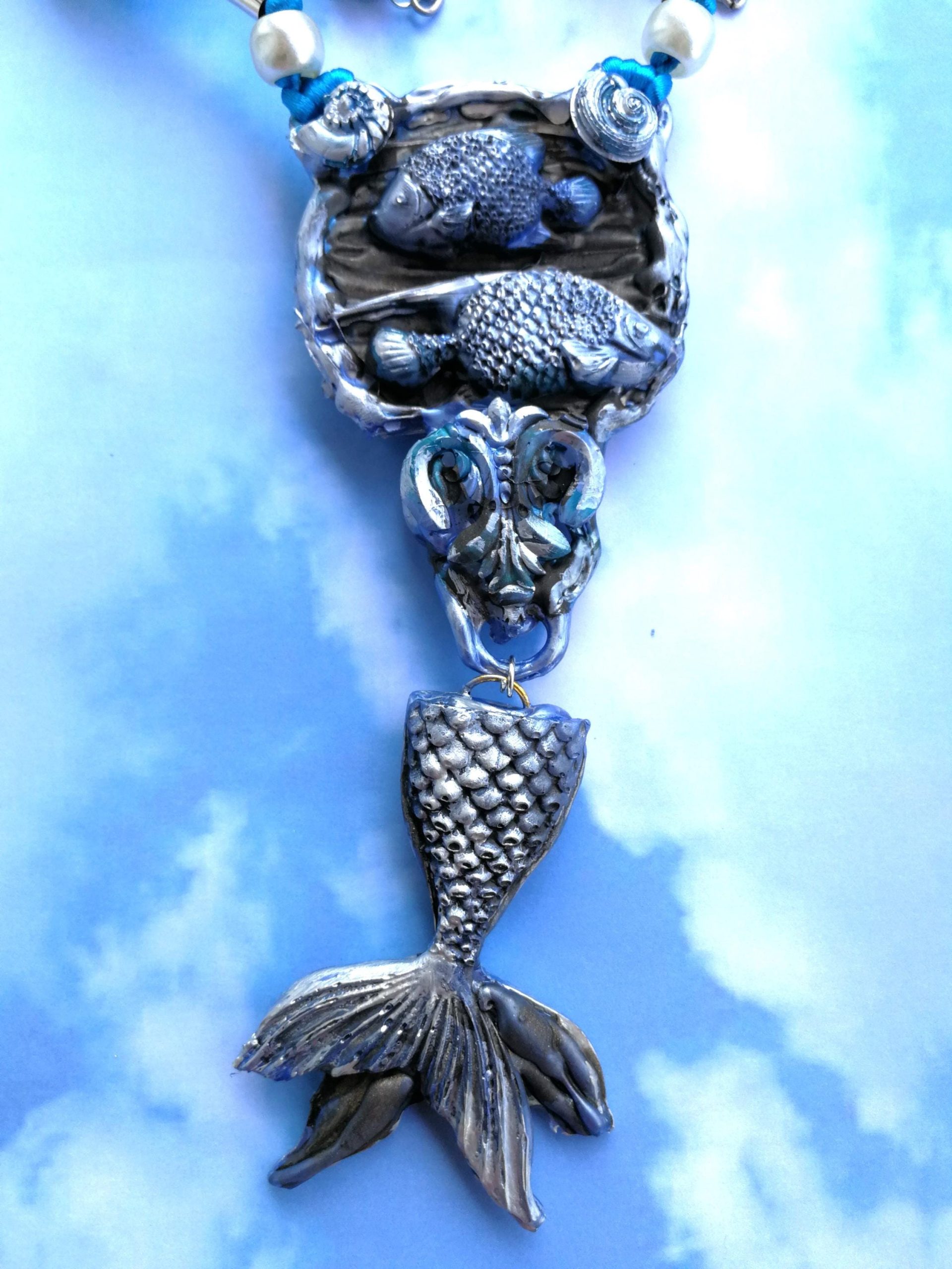 Siren Tail Jewel, Mermaid Necklace Jewelry, Statement Luxury Sculpture Fish Pendant Sea Life Chain