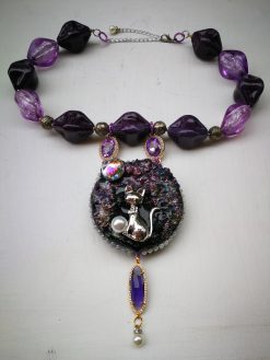 Rough Amethyst Statement Necklace Rhinestone Ball Accents Cat & Moon Chunky Pendant Design Beaded Jewelry