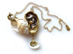 Shell Jewelry, Sea Glass Necklace Statement Pendant, Luxury Conch Charm Chain Collar Ear Pearl