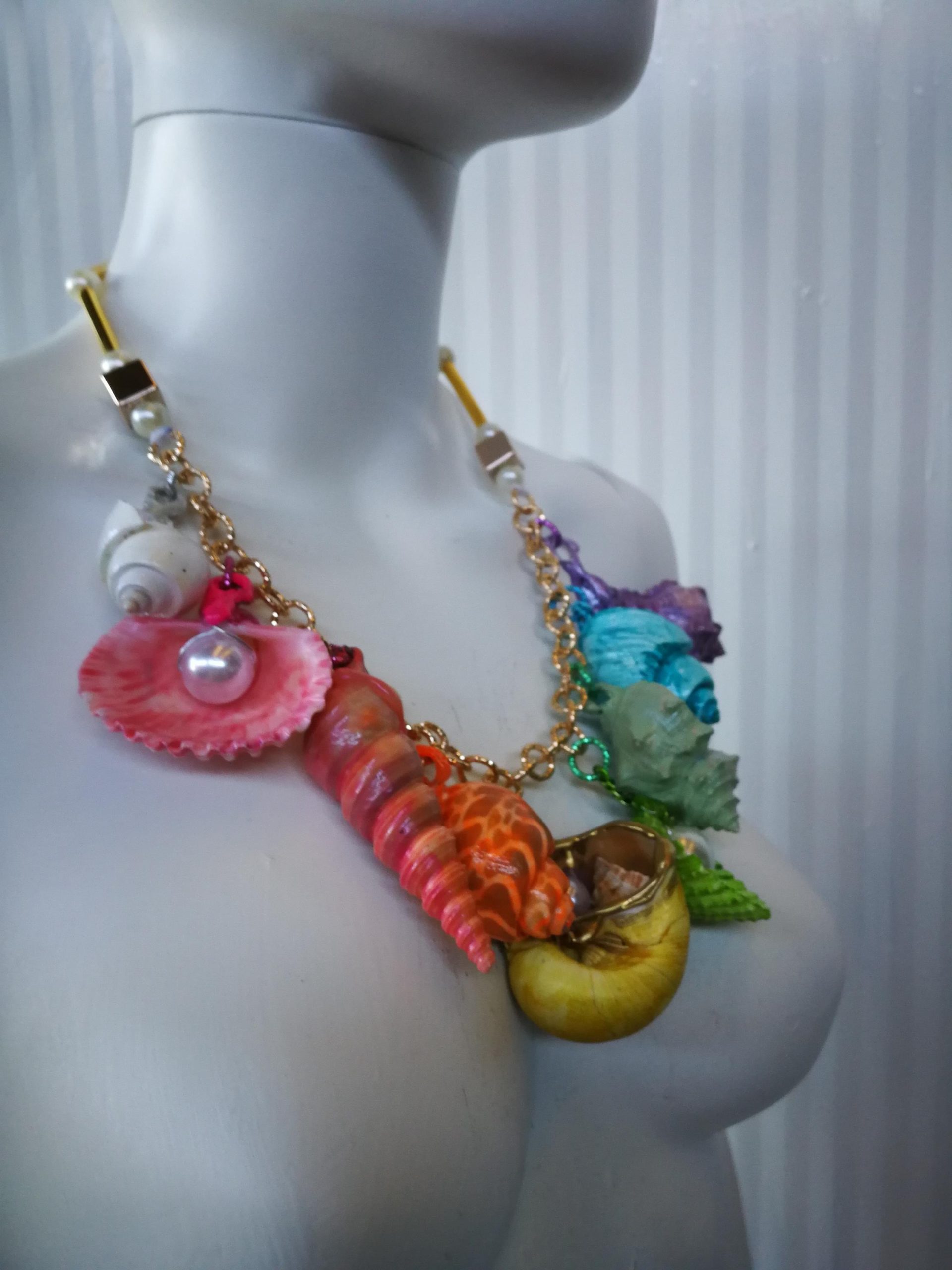 Puka Shell Necklace, Maximalist Design Handmade Painted Natural Seashell Conch Jewelry Rainbow Abalone Multicolored