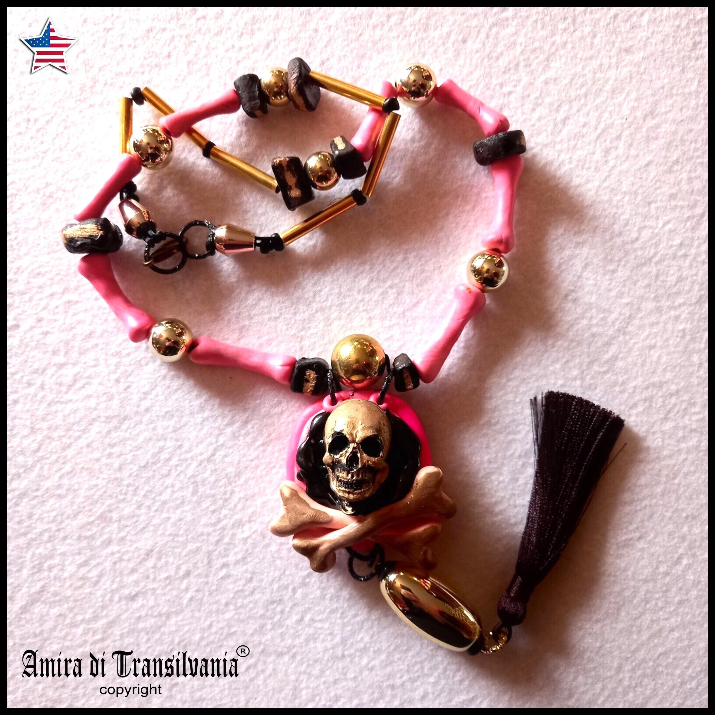 Mexican Necklace, Ethnic Glamour Whimsical Skull & Bones Pendant, Boho Quirky Oddities Jewelry Charm
