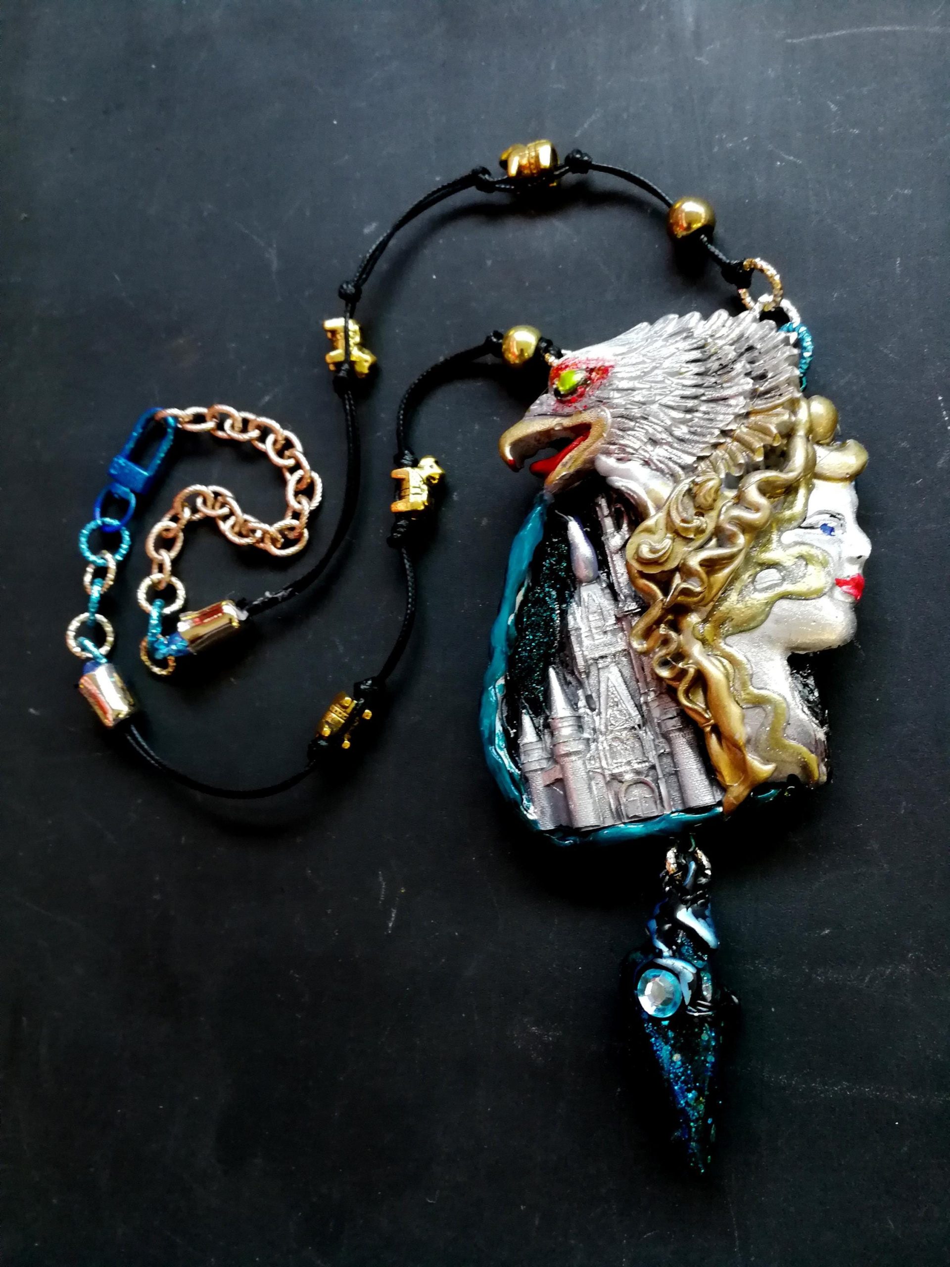 Silver Eagle Pendant, Statement Necklace Vulture Wild Bird Jewelry, Viking Castel Raw Stone Charm