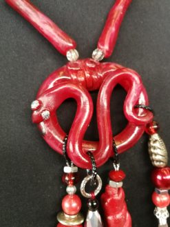 Brutalist Necklace, Chunky Snake Sculptural Pendant, Serpent Statement Jewelry Stone Beaded Chain Pyrite Gemstone