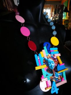 Futuristic Necklace 1970 Design Jewelry, Modernist Beaded Pop Art, Disco Fashion Style Multicolored Pendant