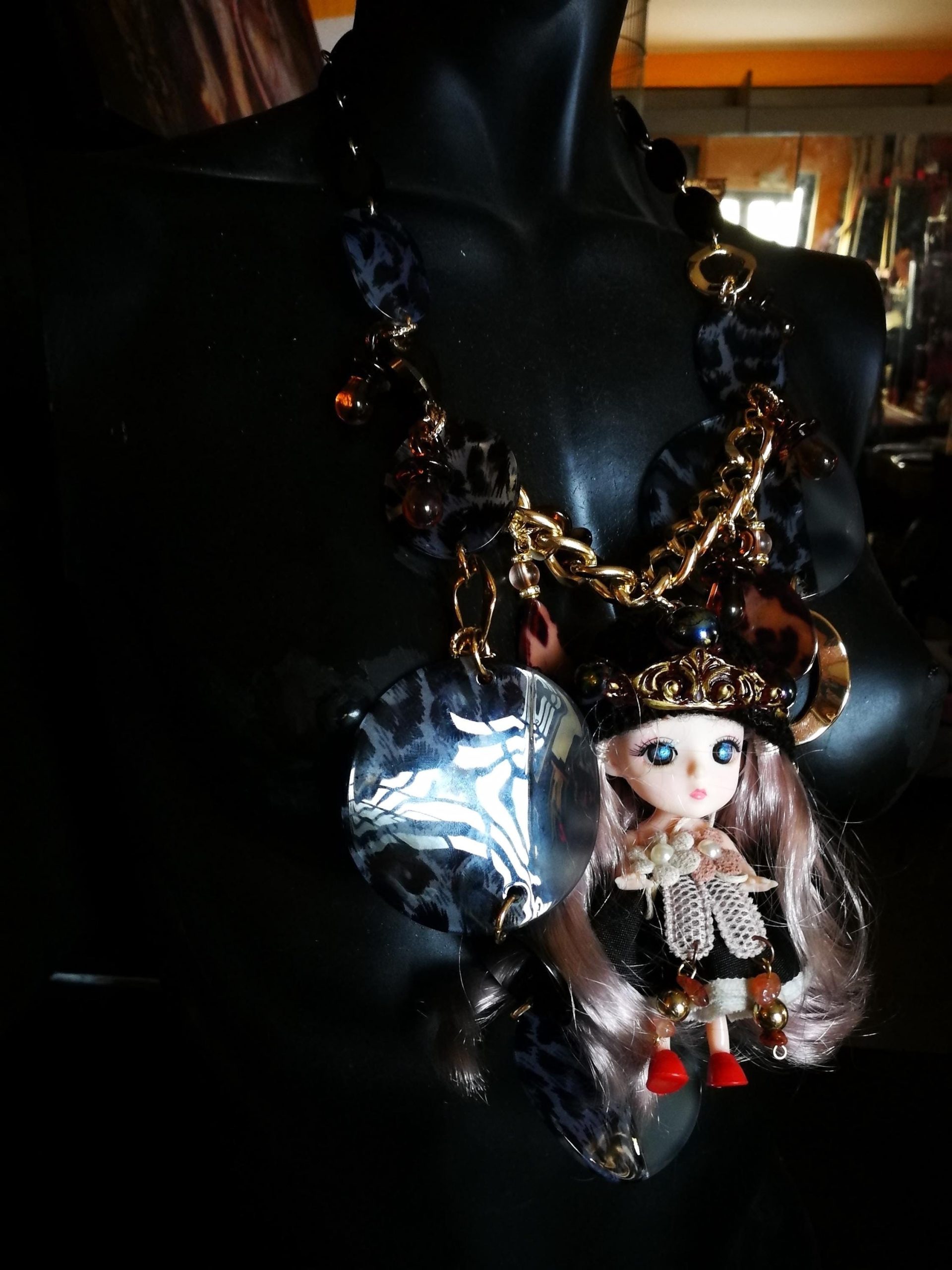 Tribe Designs, Extravagant Wild Life Doll Pendant, Designer Jewelry Chunky Necklace Charm, Folk Collar