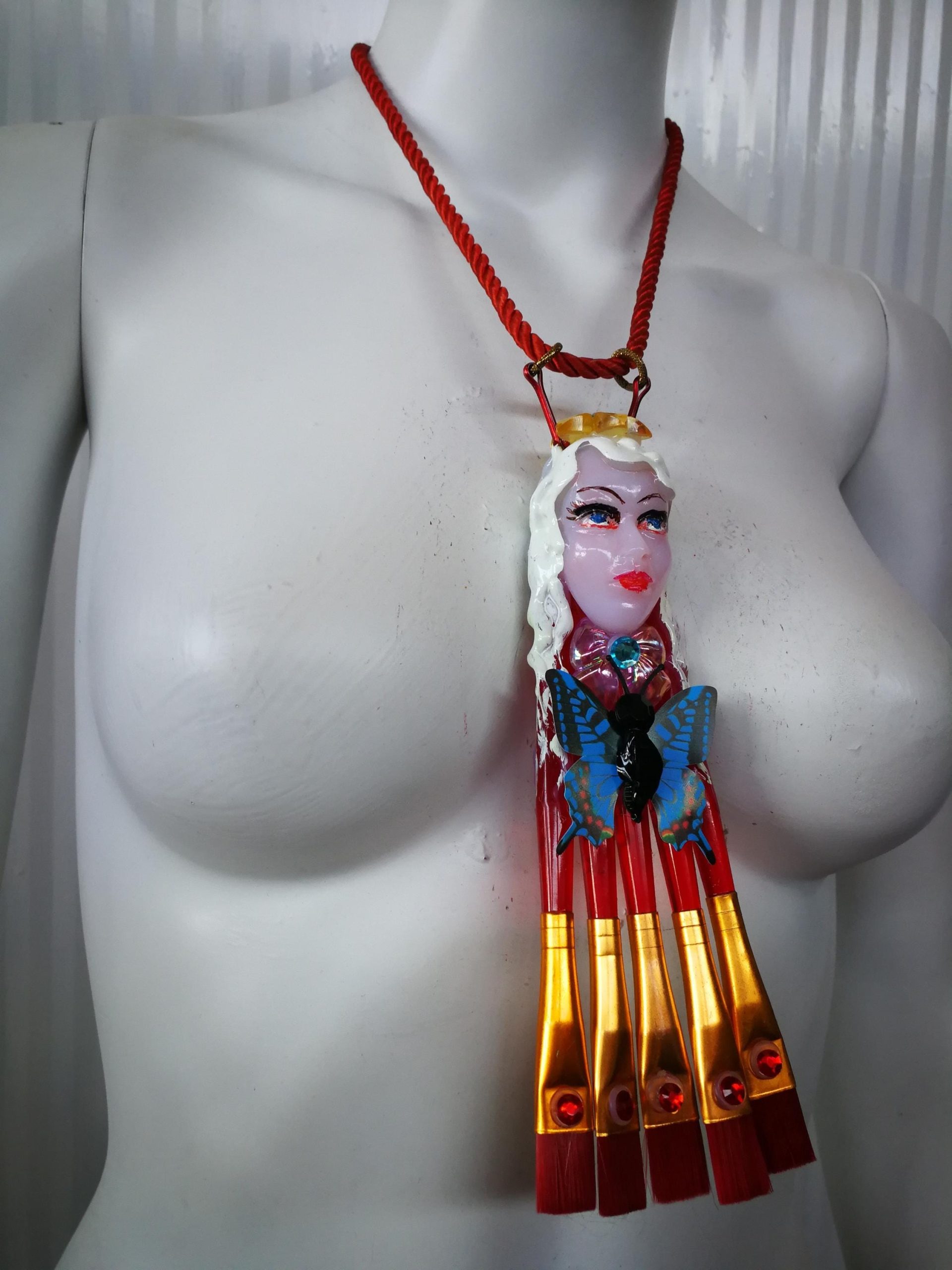 Statement Jewelry, Assemblage Necklace Pendant Doll Head, Modernist Design Chunky Charm Artist Painter Brush