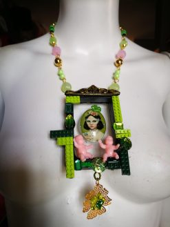 Assemblage Necklace, Vintage Portrait Pendant, Cameo Crystal Beads, Artist Doll Charm Statement Jewelry